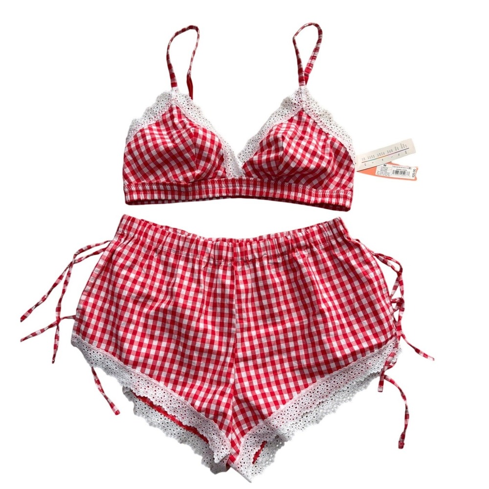 Colsie Red Gingham Pajama Set Bralette and Shorts Eyelet Lace‎ Trim Small Medium